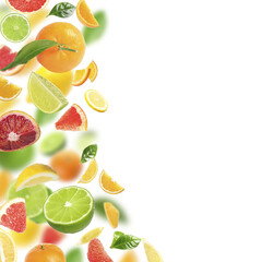 Fototapeta na wymiar Fresh juicy citrus fruits and green leaves falling on white background