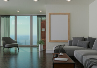 minimal interior style poster Mock up the living room wall. .copy space. 3D rendering.