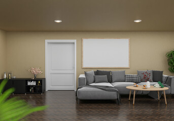 minimal interior style poster Mock up the living room wall. .copy space. 3D rendering.