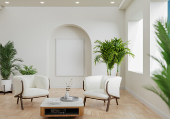 minimal interior style poster Mock up the living room wall. .copy space. 3D rendering.