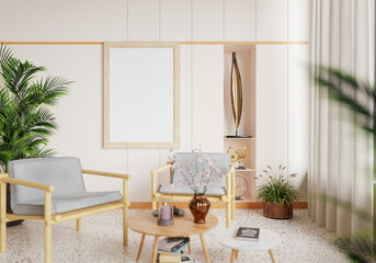 minimal interior style poster Mock up the living room wall. .copy space. 3D rendering.