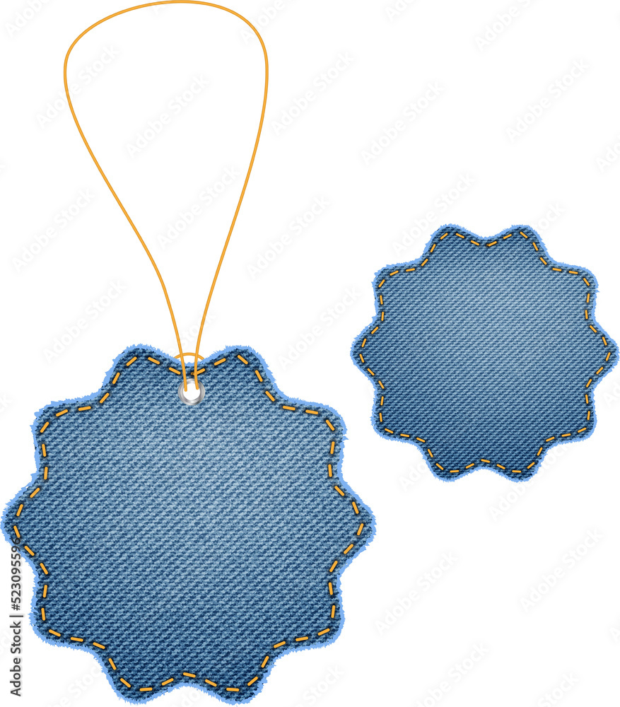 Aufkleber price tags of denim fabric texture background, clipping paths for design work empty free space mock 