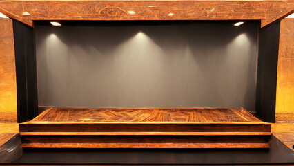 Empty stage with classic wooden floor and spotlights. 3D rendering. Suitable for product display or background