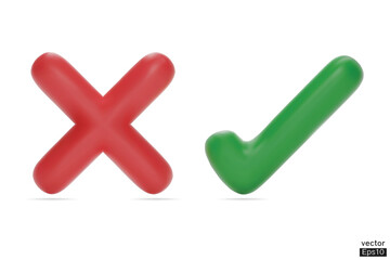 3D Checkmark and X mark icon set. Checkmark right symbol, tick sign. check and uncheck for web and mobile apps. 3D vector illustration.