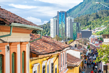colorful street of la candelaria district in bogota, colombia - obrazy, fototapety, plakaty