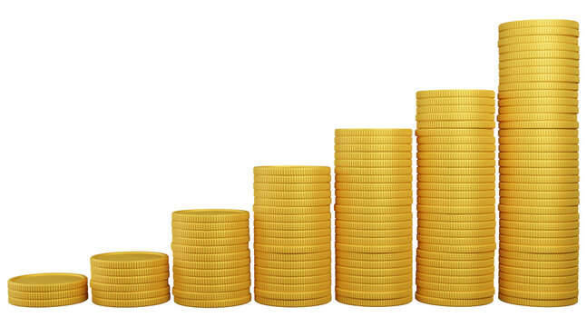 3D render illustration. Stack of golden coins. Gold coins or currency of business for saving money and financial planning concept.