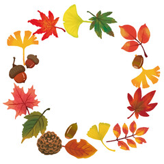 手描き風で絵本ぽいタッチのたくさんの落ち葉のフレーム（丸）