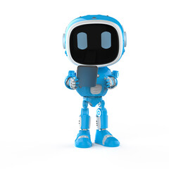 3d rendering blue robotic assistant or artificial intelligence robot with tablet