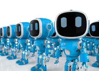 3d rendering group of blue robotic assistants or artificial intelligence robots