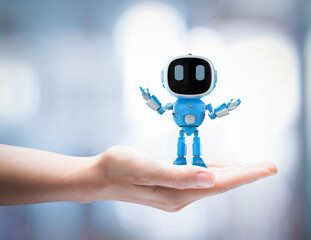 3d rendering small artificial intelligence robot assistant in human hand