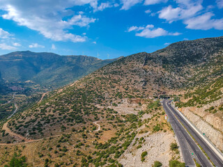 Aerial view over Moreas Motorway at Artemisio mount. A7 begins just west of the Isthmus of Corinth, branching off from Greek National Road 8A connecting Corinth and Kalamata via Tripoli