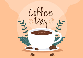 International Coffee Day on 1st October Hand Drawn Cartoon Flat Illustration with Cacao Beans and a Glass of Hot Drink Design