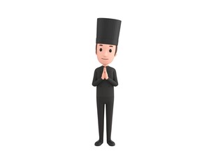 Chef In Black Uniform character praying with hands held together in 3d rendering.