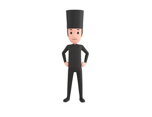 Chef In Black Uniform character with hands on hip in 3d rendering.