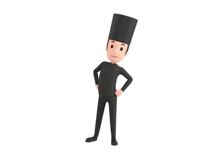 Chef In Black Uniform character confident keeping hands on hips in 3d rendering.