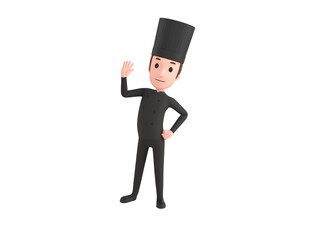 Chef In Black Uniform character greeting in 3d rendering.