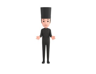 Chef In Black Uniform character show welcome gesture in 3d rendering.