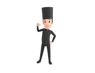Chef In Black Uniform character pointing to himself in 3d rendering.