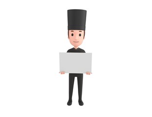 Chef In Black Uniform character holding a blank billboard in 3d rendering.