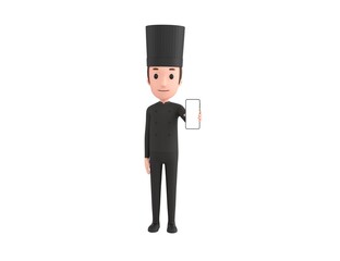 Chef In Black Uniform character showing his phone in 3d rendering.