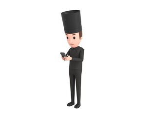 Chef In Black Uniform character types text message on cell phone in 3d rendering.