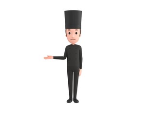 Chef In Black Uniform character looking to camera and pointing hand to the side in 3d rendering.
