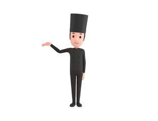Chef In Black Uniform character raise his hand and pointing to the side in 3d rendering.
