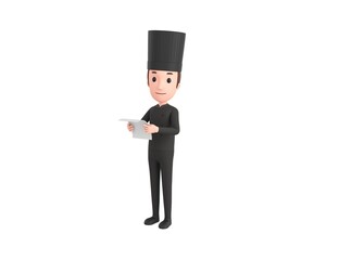 Chef In Black Uniform character reading paper and looking to camera in 3d rendering.