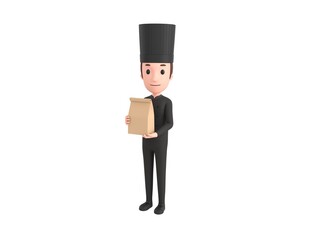 Chef In Black Uniform character holding paper containers for takeaway food in 3d rendering.