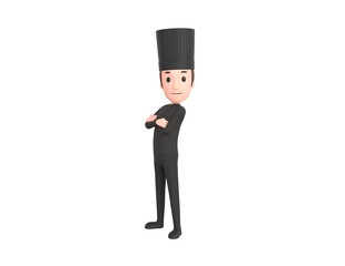 Chef In Black Uniform character cross arms and looking to camera in 3d rendering.