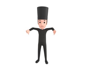 Chef In Black Uniform character showing thumb down with two hands in 3d rendering.