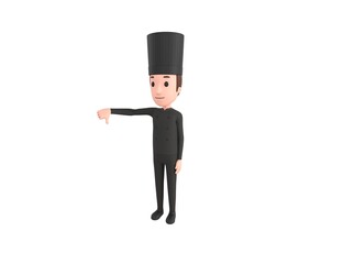 Chef In Black Uniform character showing thumb down in 3d rendering.