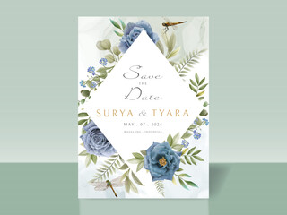 Blue flowers and dragonfly hand drawn wedding invitation card