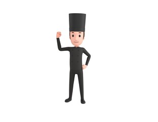 Chef In Black Uniform character raising right fist in 3d rendering.