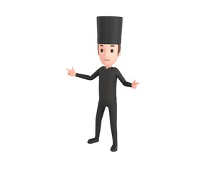 Chef In Black Uniform character pointing index finger both two side in 3d rendering.