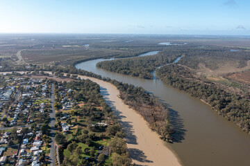 Muddy Flood waters from the  Darling river merge with the mighty Murray river at the town of Wentworth, New South Wales. - 523099959