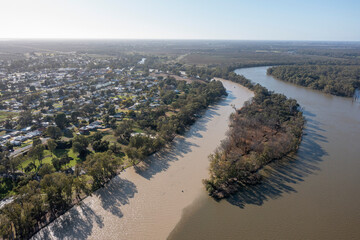 Muddy Flood waters from the  Darling river merge with the mighty Murray river at the town of...