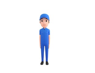 Mechanic character standing and looking to the front in 3d rendering.