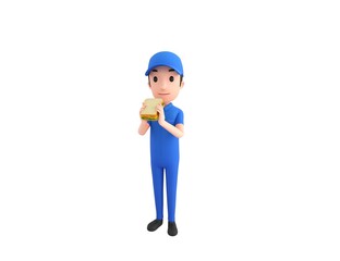 Mechanic character eating sandwich in 3d rendering.