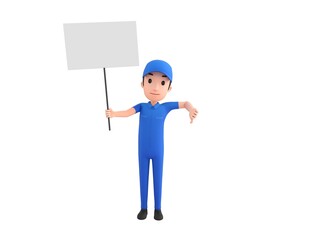 Mechanic character holding a blank billboard and give thumb down in 3d rendering.