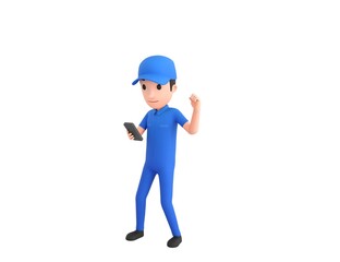 Mechanic character looking his phone and doing winner gesture with fists up in 3d rendering.