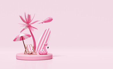 3d summer travel with  stage podium, beach chair, flamingo, ball, coconut palm tree, plane, surfboard, umbrella isolated on pink background. concept, 3d render illustration