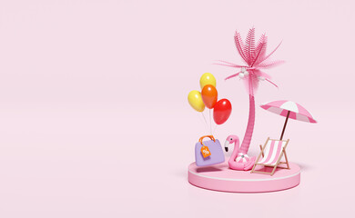 3d beach chair, balloon, flamingo, palm tree, shopping paper bags, umbrella, stage podium isolated on pink background. online shopping summer discount sales concept, 3d render illustration