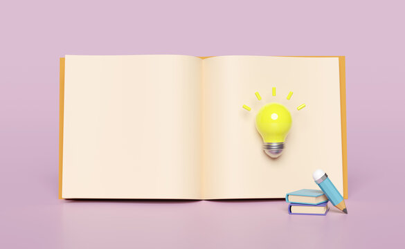 3d yellow light bulb with pencil, open book, textbook, isolated on pink background. idea tip education, knowledge creates ideas concept, minimal abstract, 3d render illustration
