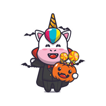 cute vampire unicorn holding halloween pumpkin. Cute halloween animal cartoon illustration.