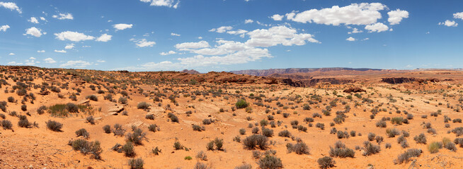 Desert in American Landscape with blue sky sunny summer day. Page, Arizona, United States of America. Nature Background Panorama