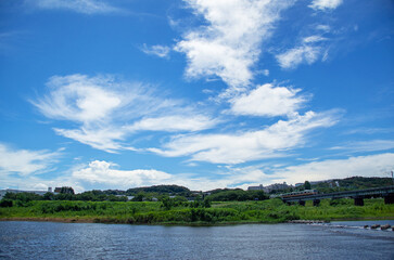 Fototapeta na wymiar 夏空と多摩川｜オレンジラインの南武線がスケール感を広げてくれました