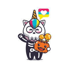 Obraz na płótnie Canvas cute unicorn with skeleton costume holding halloween pumpkin. Cute halloween animal cartoon illustration.