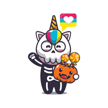 cute unicorn with skeleton costume holding halloween pumpkin. Cute halloween animal cartoon illustration.