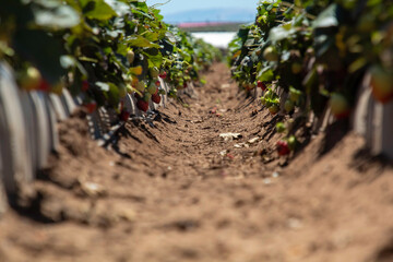 A row of strawberry plants in Watsonville, California